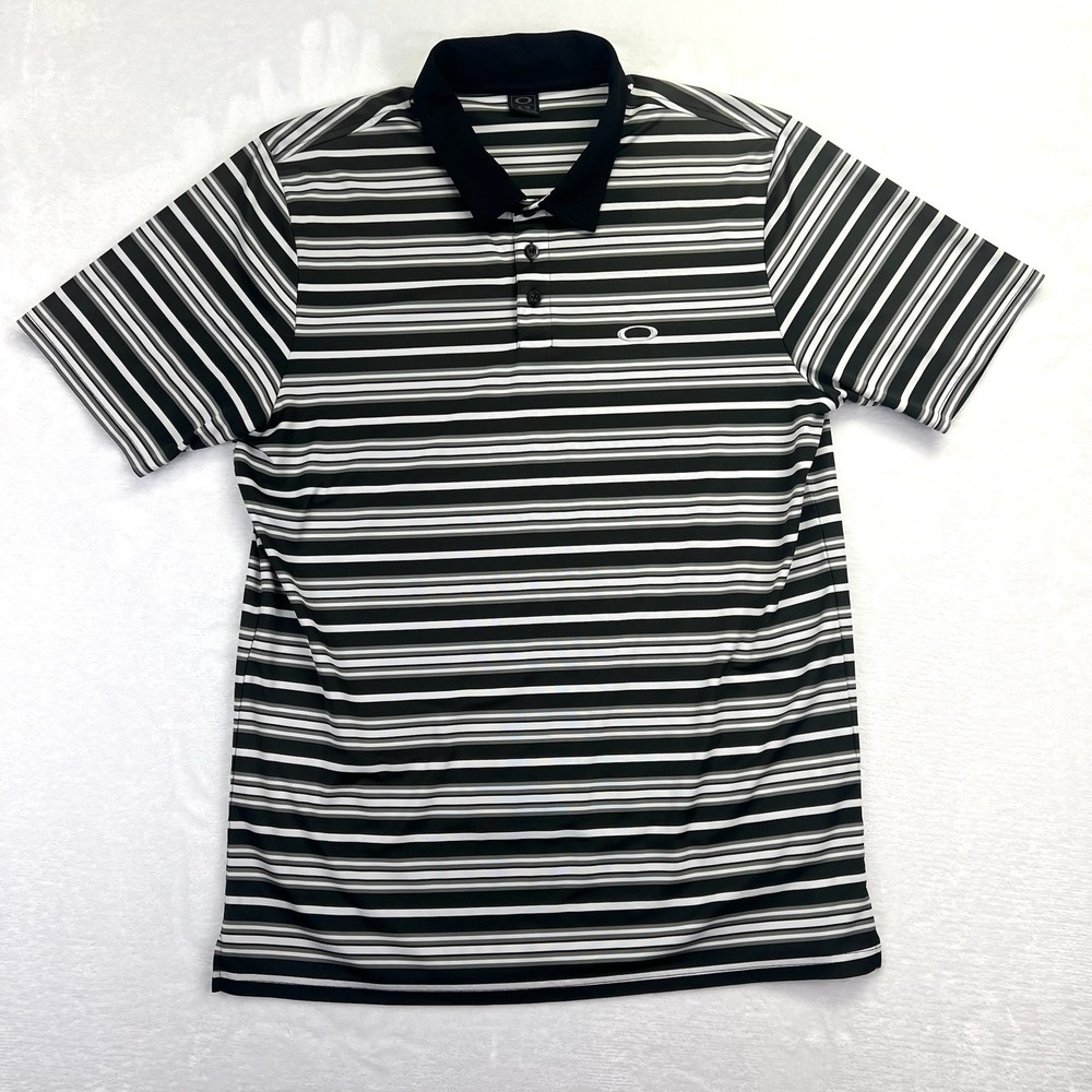 Oakley Polo Shirt Mens XL Black White Striped Golf Athletic Performance Range
